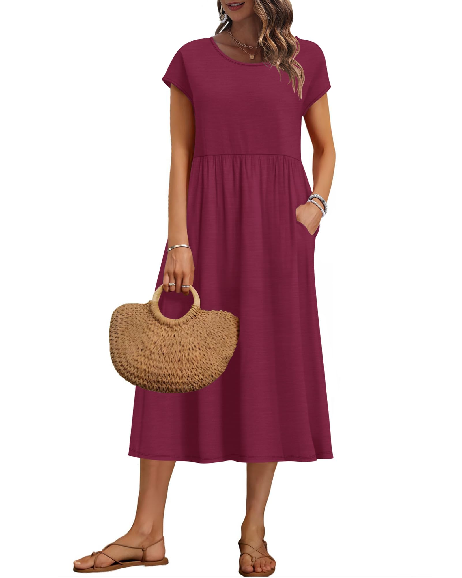 Auselily Women's Wine Red Summer Short Sleeve Knee Length Dresses Basic Shift Midi Dress With Pockets, S