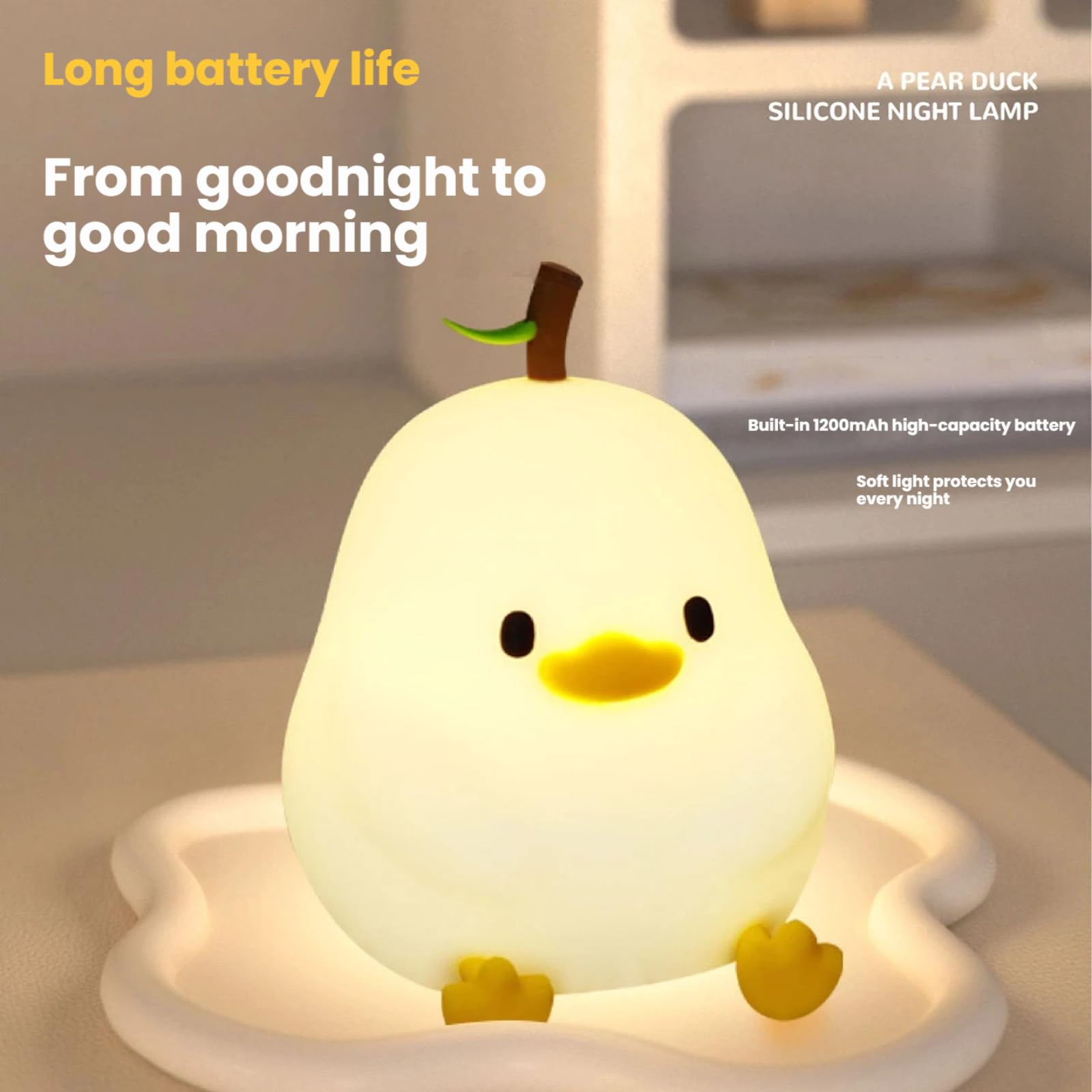 Luz nocturna táctil, bonita forma de pato, forma de animal, luz suave, lámpara de noche de silicona, para habitación de niños