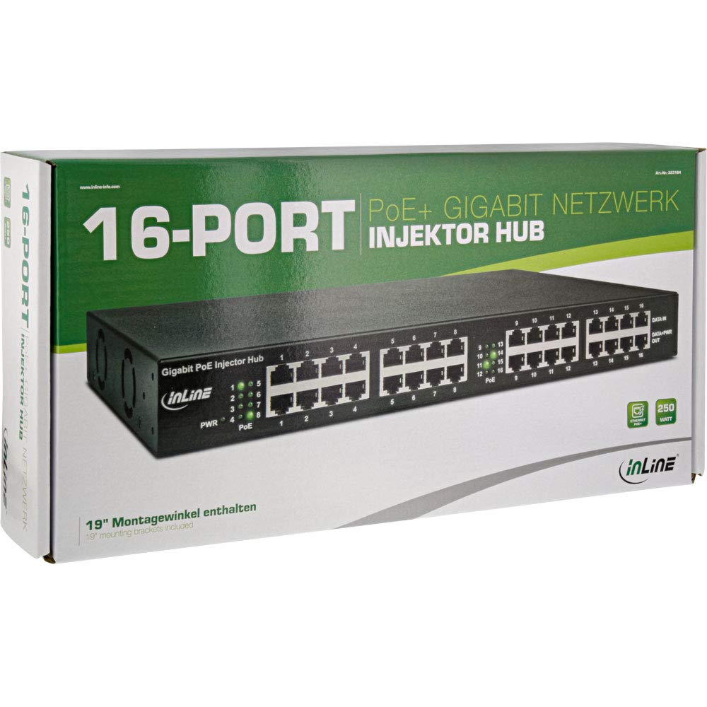 InLine® PoE+ Gigabit Injecteur réseau Hub 16 Ports (16 x PoE+), 1 Gbit/s, 19" (Angle Inclus), métal, 2 Ventilateurs