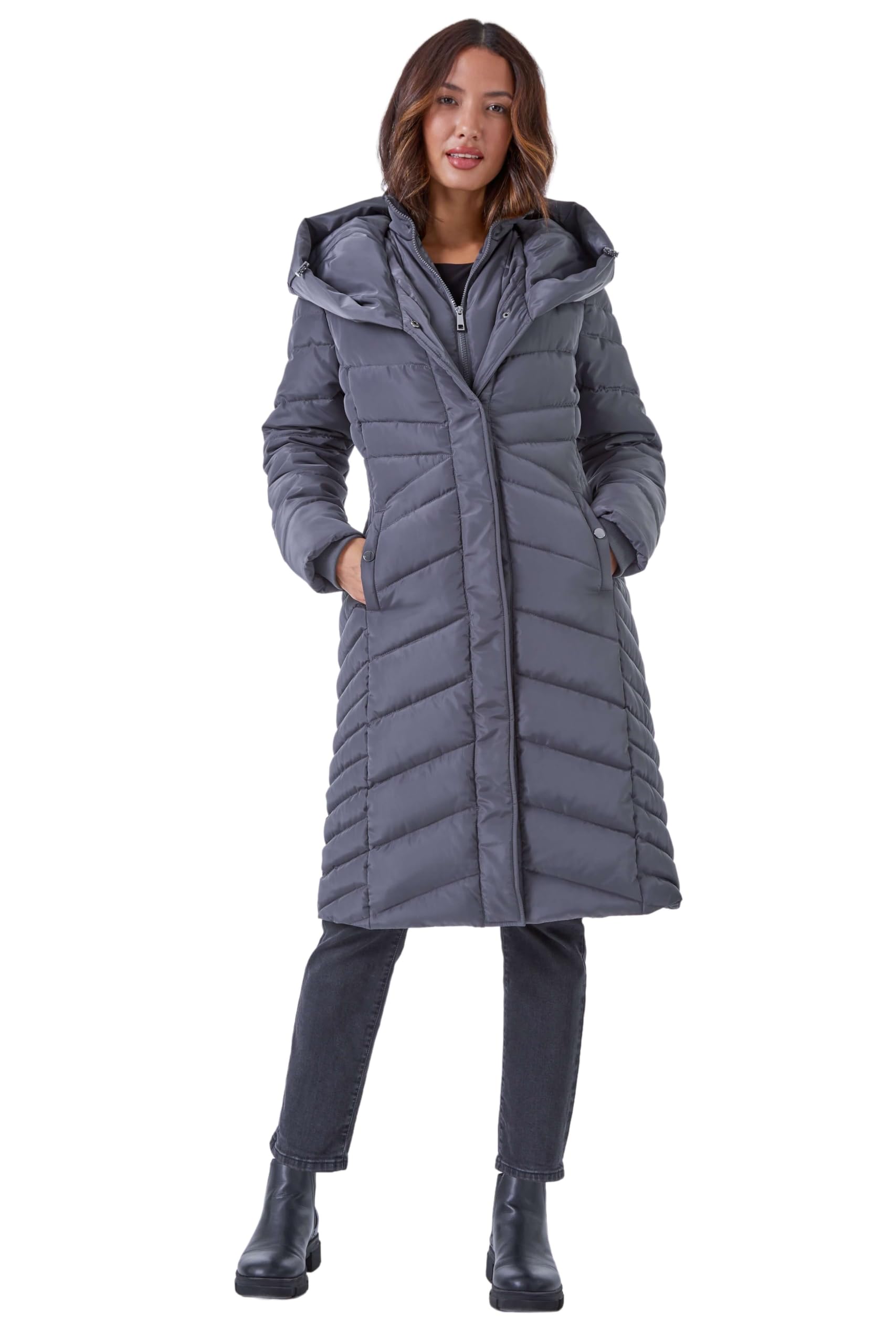 Roman Originals Women's Charcoal Padded Coat For Uk - Longline Puffer Winter Quilted Parka Waterproof Rainproof Wind Resistant Thermal Jacket Long Length Warm Zip Hood Puffa Cosy - Size 18