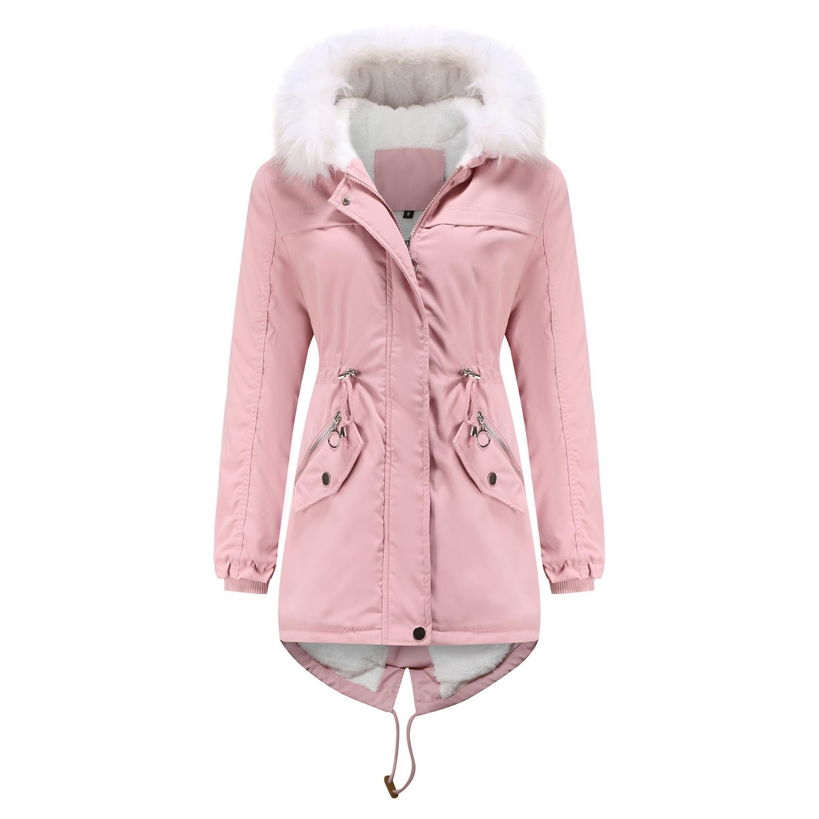 Abbigliamento Donna Cappotto Lungo in Pile Pesante, Caldo, Invernale, con Cappuccio Finto, Taglie Forti Business Meeting