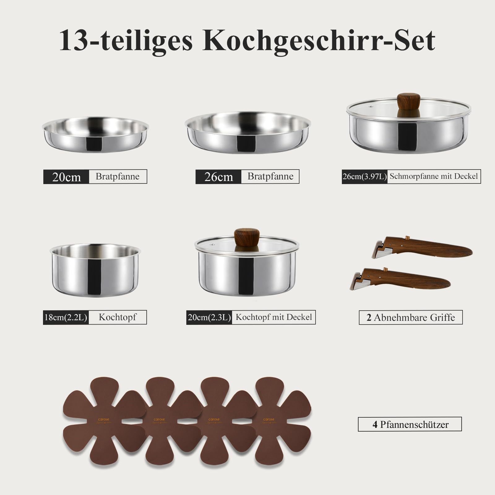 CAROTE 13-tlg, Edelstahl Topf und Pfannenset abnehmbarer Griff Induktion