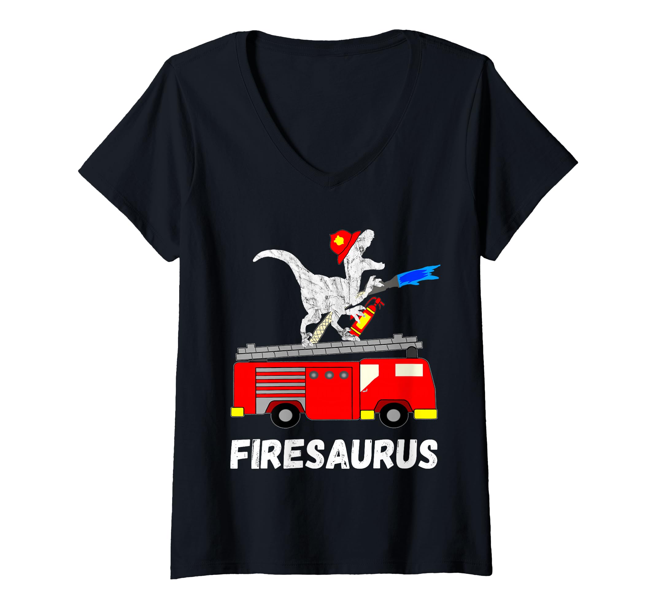 Womens Fire Fighter Dinosaur Firetruck Dino Fireman T-Rex V-Neck T-Shirt
