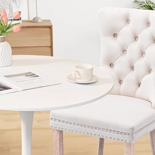 Miniatura 4 de Juego de mesa de comedor redonda de 3 piezas para mesa blanca de 2.31.5 pulgadas y 2 sillas de terciopelo beige, moderno juego de comedor de cocina