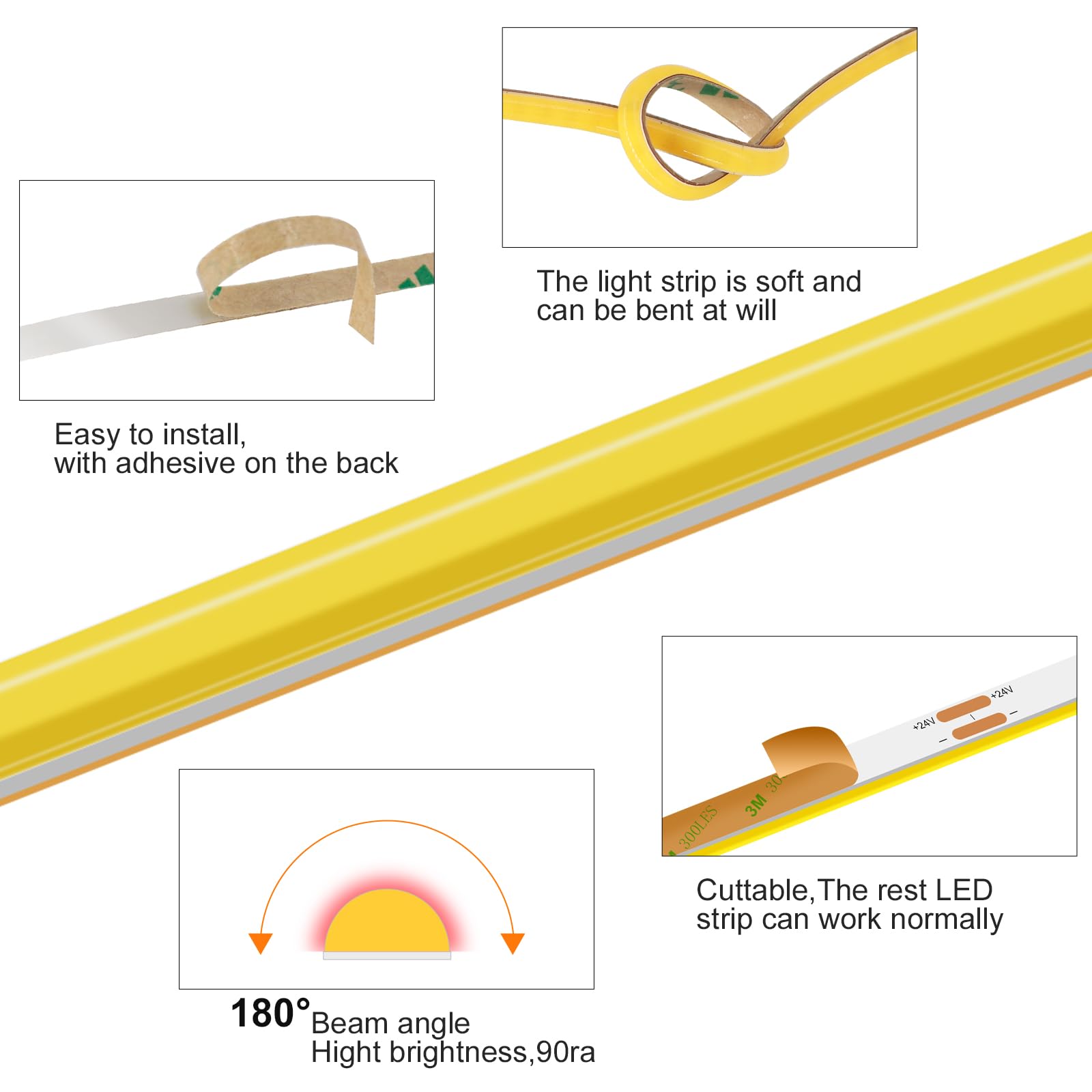 Striscia LED da 24 V, 3 mm, giallo dorato, 400 LED/m, luce ambiente calda, ultra sottile e flessibile, elevato volume di luce a basso consumo, facile da montare (alimentatore non incluso)