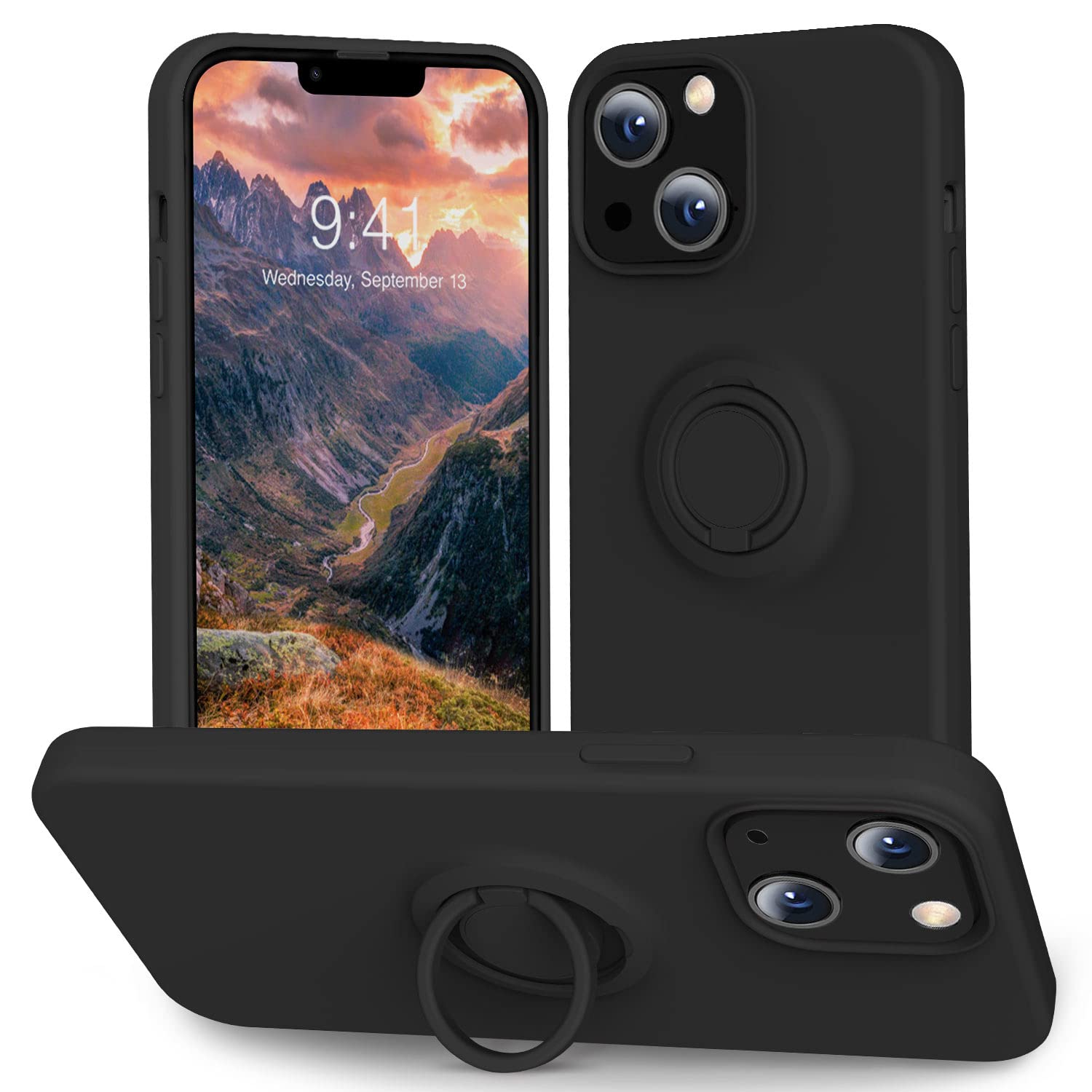 YEQOO Compatible with iPhone 13 Case [Liquid Silione with Kickstand] Soft Microfiber Lining | Anti-Scratch Thickening Gel Rubber Drop Full-Body Protection Cover Case for Men - Black