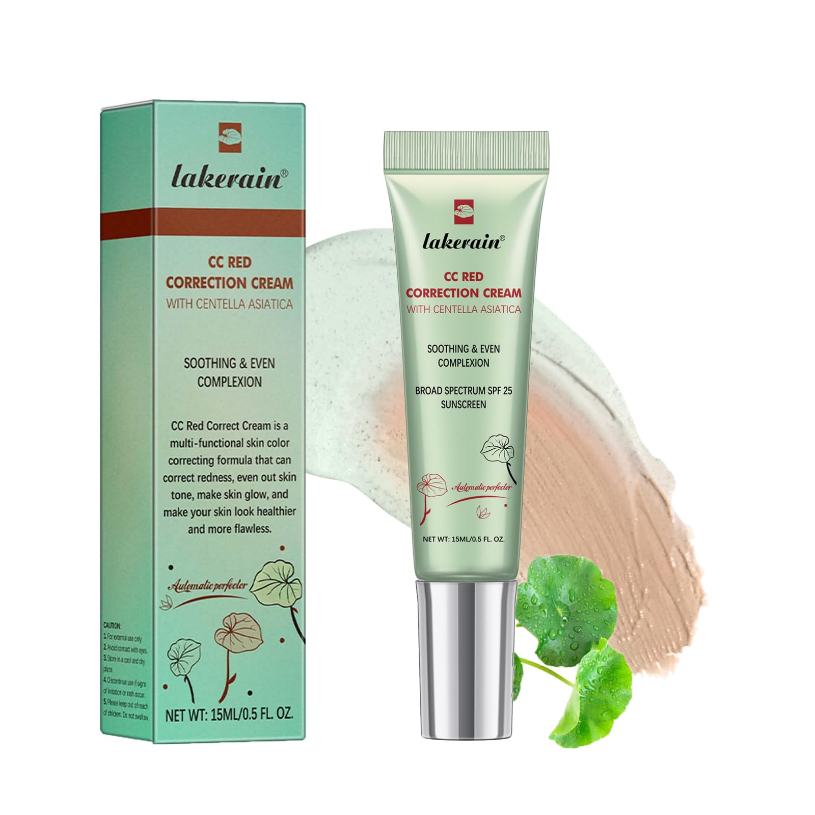 CC Red Correction Cream, Centella CC Cream for Blemishes, Red Skin & Acne Marks, for Mature Skin Women, Non-Greasy, Hydrating and SPF Protection (Green)