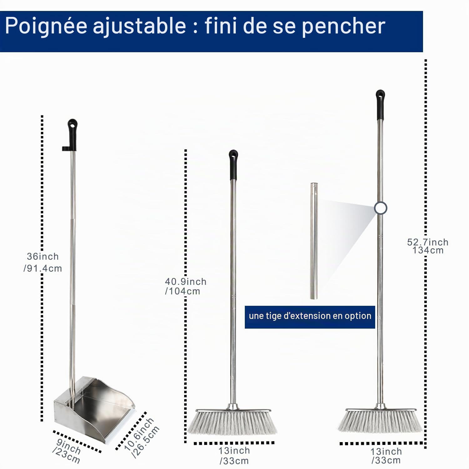 Gloffer Pelle à poussière en acier inoxydable avec balai, balai à long manche et pelle à poussière en métal robuste pour intérieur et extérieur pour la maison, le couloir, le bureau