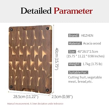 HEZHEN Rectangular Cutting Board End Grain Acacia Wood