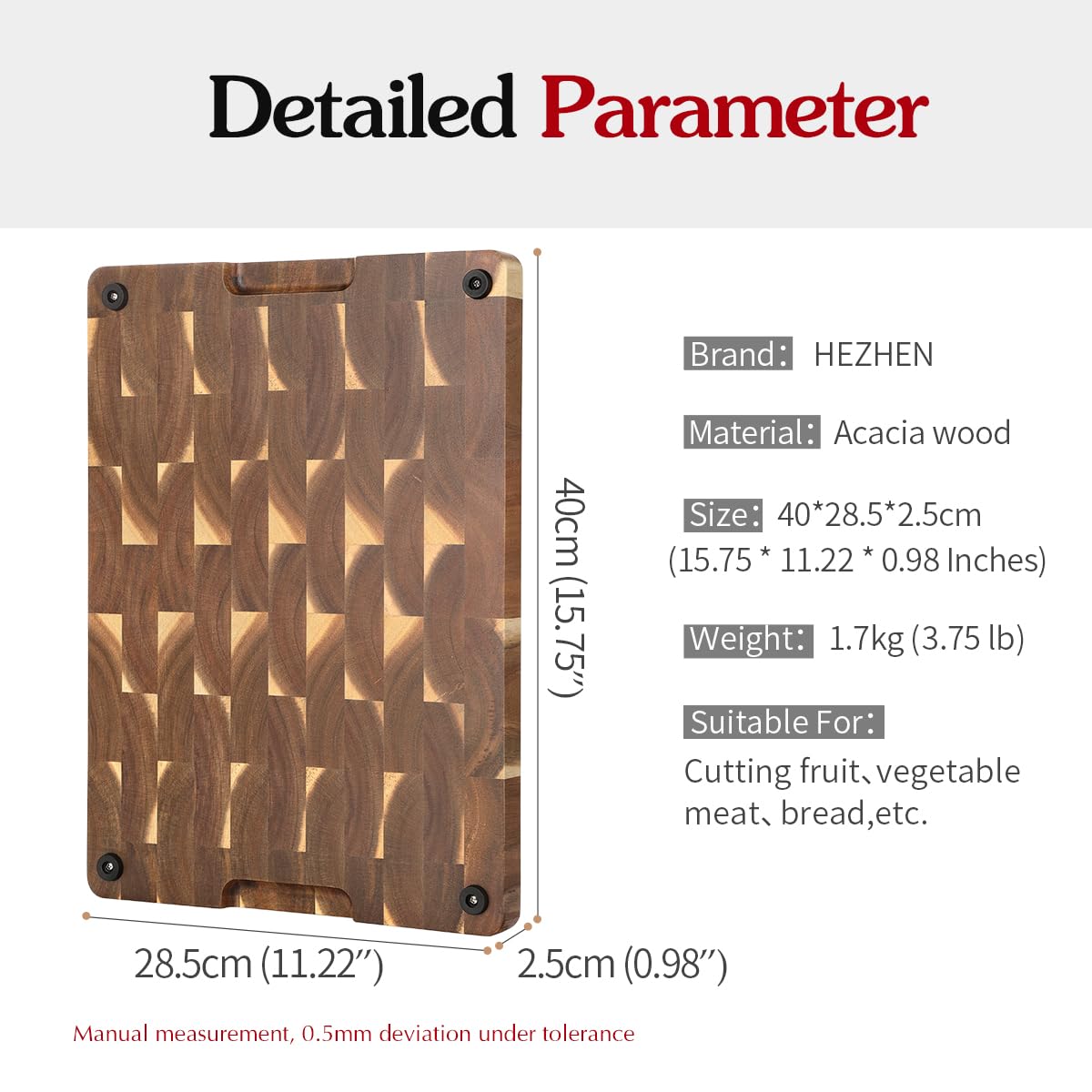 HEZHEN Wooden Cutting Board,End Wood Grain Chopper Board, Built-in Handle, Acacia Wood Serving Board - Image 2