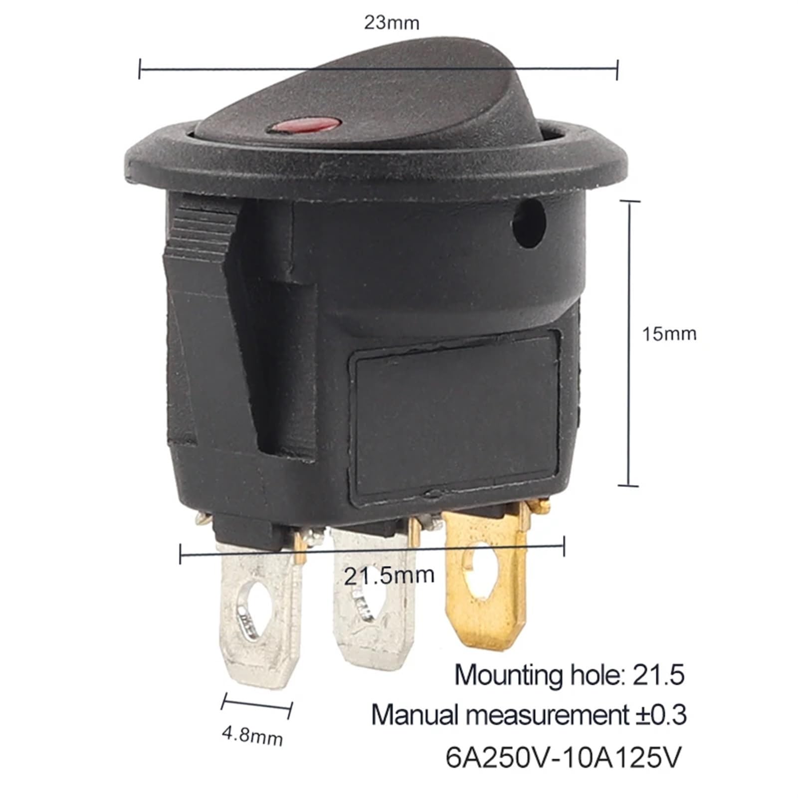 5 szt. 23 mm 6 A 250 V/10 A125 V wł./wył. okrągły przełącznik punktowy, wodoodporne przełączniki luminescencji światła (czerwone światło 3-pinowe)