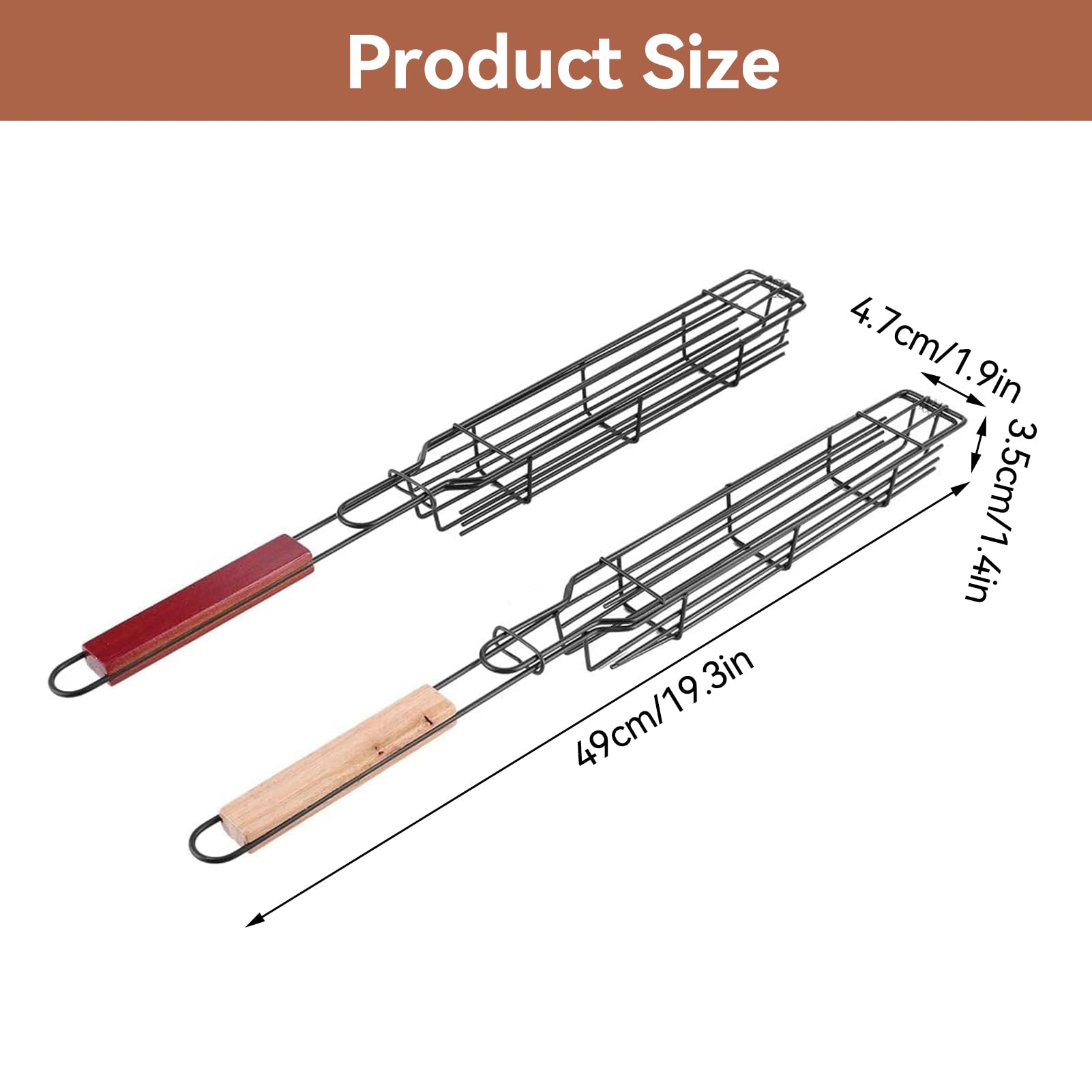 2 pièces paniers grille pour barbecue, grille de barbecue avec poignée en bois pour kebab, saucisse, légumes, poissons, crevettes, 49 x 4,7cm