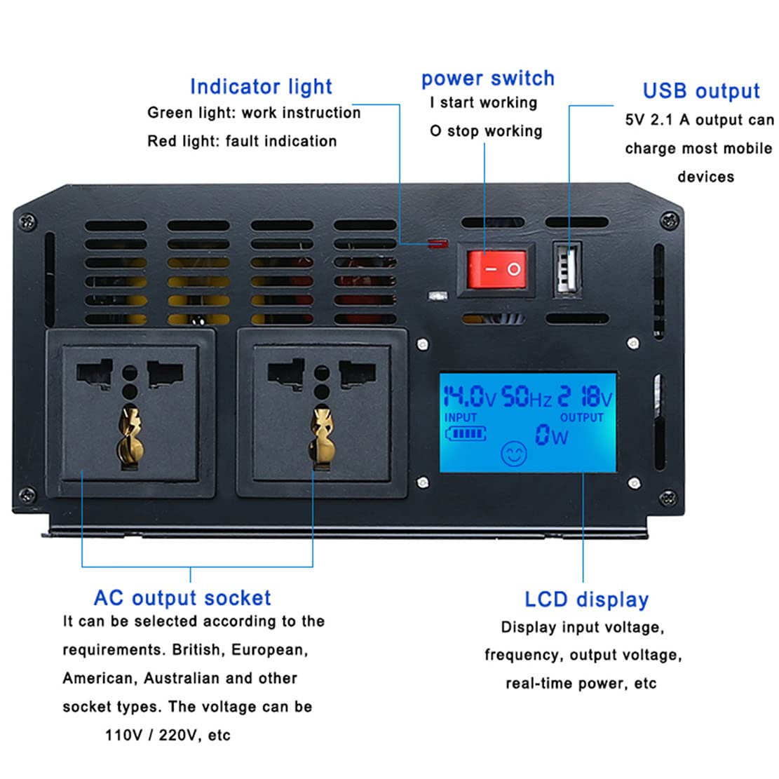 Przetwornica Czystej Fali Sinusoidalnej 1000W/2000W/3000W/3500W/4000W/5000W 12V/24V/48V Do 110V/220V Konwerter Baterii Słonecznej, Z Ekranem Lcd I Portami Usb 2.1a,2000W-48Vto220V