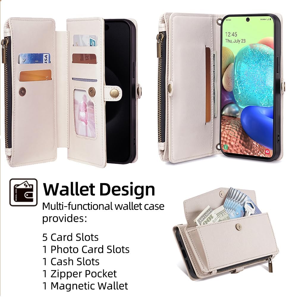 Asuwish Phone Case for Samsung Galaxy A71 5G Zipper Wallet Cover with Screen Protector and Leather Card Holder Slot Stand Wrist Strap Cell Accessories Mobile Flip A 71 G5 71A S71 A715G Women Men Beige