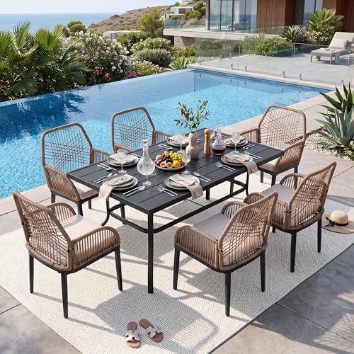 NUU GARDEN 7-Piece Patio Dining Set with Umbrella Hole, Patio Table and Twisted Rattan Dining Chairs with Beige Cushions, Outdoor Table and Chairs for Backyard, Garden, Poolside, Black and Brown