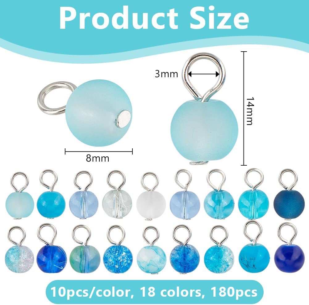 PH PandaHall 180pcs 18 Colors Round Dangle Charm Pendants 8mm Blue Glass Charms Crystal Dangle Charms Glass Dangle Beads with Loops for Summer Ocean Bracelet Earring Necklace Jewelry Making DIY Crafts - Image 2