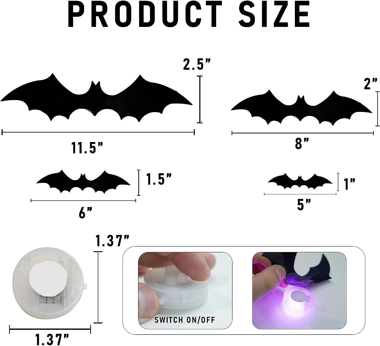 Dazzle Bright 36 Pcs LED Halloween 3D Bats Decorations Wall Stickers, 4 Different Size Removable PVC Wall Sticker for Indoor Home Window Decor Party Supplies