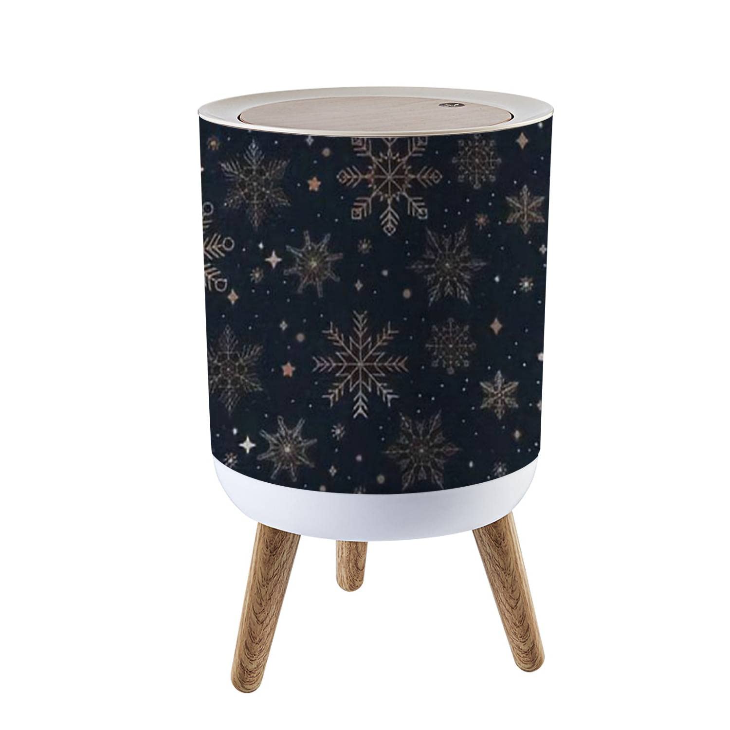 TOMYEUS Small Trash Can with Lid Elegant Christmas Seamless with Rose Gold Snowflakes and Navy Blue Garbage Bin Wood Waste Bin Press Cover Round Wastebasket for Bathroom Bedroom Office Kitchen