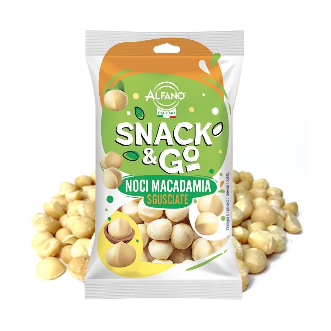 Alfano dal 1940 Noci Macadamia Sgusciate Snack & Go 20 Pacchetti Monoporzione da 30g Frutta Secca Ricca di Magnesio e Fonte di Potassio