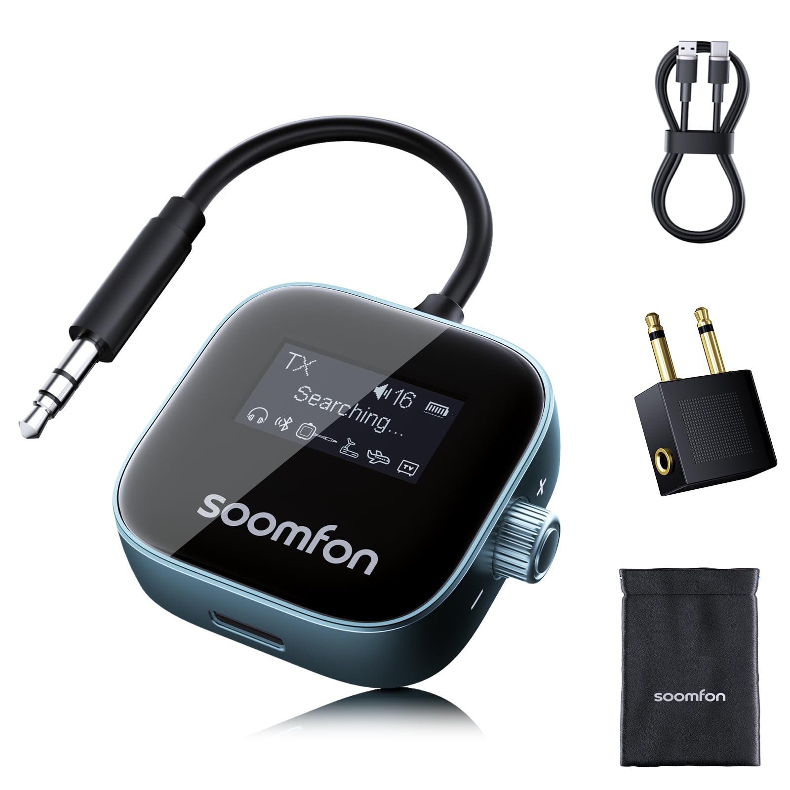 SOOMFON Odbiornik nadajnika Bluetooth 5.3 z gniazdem 3,5 mm z ekranem LCD, podwójne parowanie, adapter Bluetooth AUX 13H, bezprzewodowy nadajnik audio 2 w 1, do samolotu, telewizora, słuchawek
