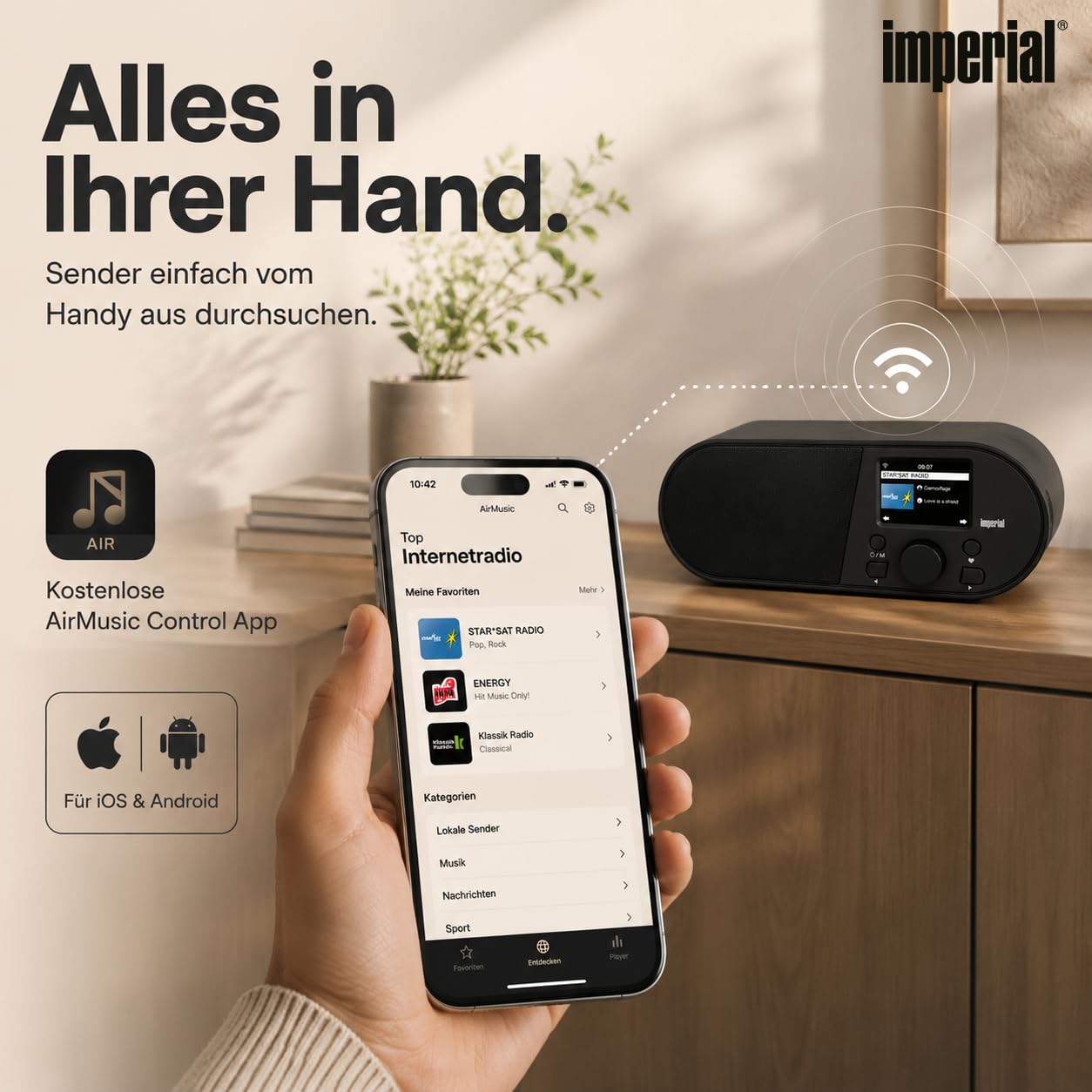 Imperial i105 Internetradio DAB Radio, DAB Plus Radio, Bluetooth, WLAN Radio(WLAN, Mediaplayer, USB, DLNA, Farbdisplay, Wecker, Appsteuerung) schwarz