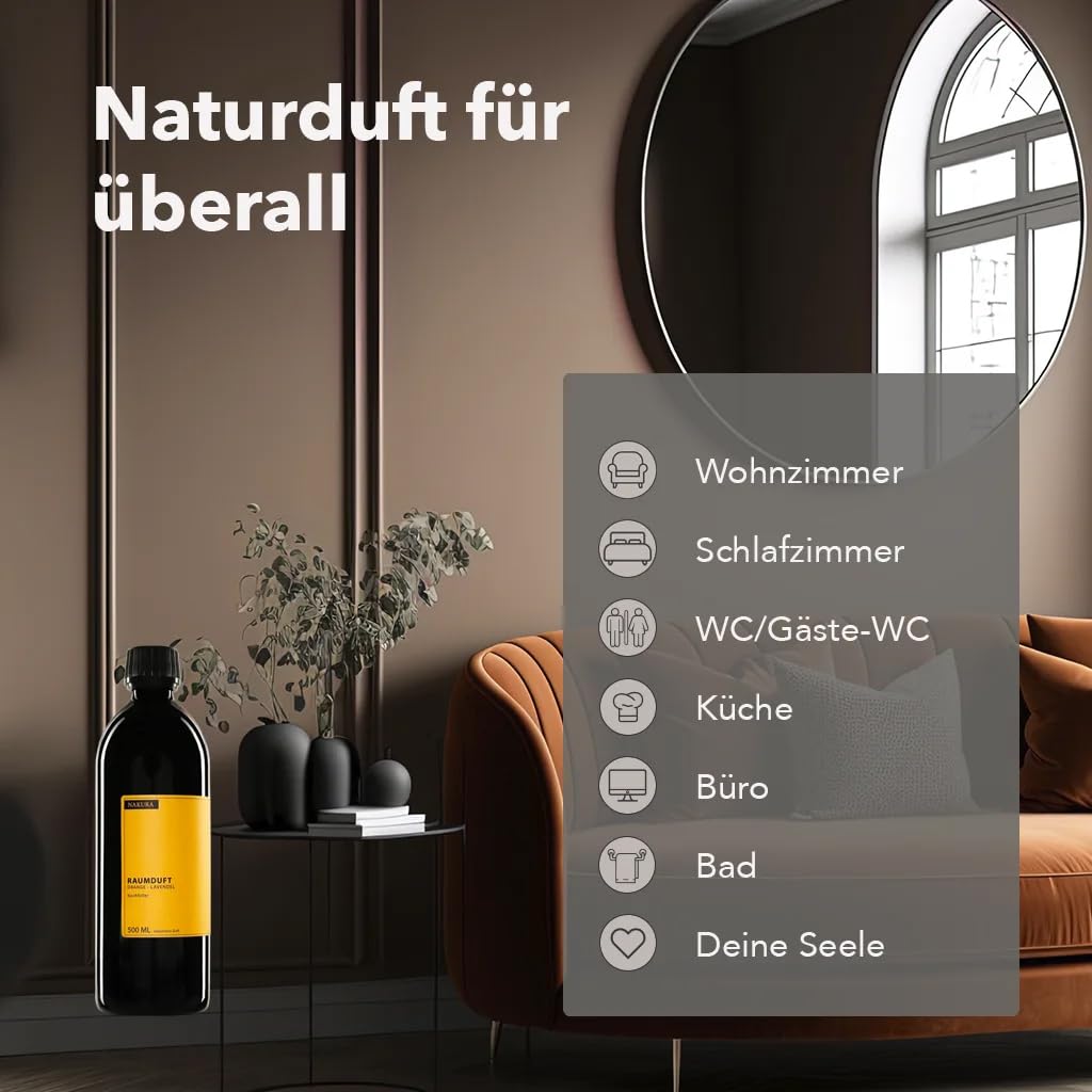 NAKURA® Bio Refill ORANGE – LAVENDEL 500 ml – Nachfüllflasche für Reed Diffuser & Raumspray – Violettglas – inkl. 15 Diffuserstäbchen – 100% naturreine ätherische Öle, ohne synthetische Duftstoffe