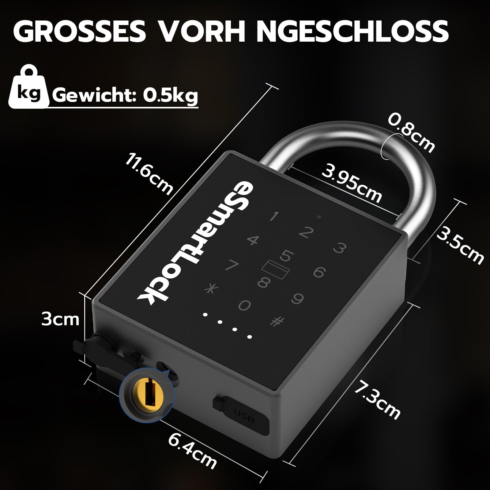 Eseesmart Smart Zahlenschloss Vorhängeschloss, Bluetooth Schloss mit Zahlencode RFID, Wetterfestes Groß Vorhängeschloss mit Schlüssel IP68 Outdoor Elektrisch Smart Lock für Tür Garten Keller Spind