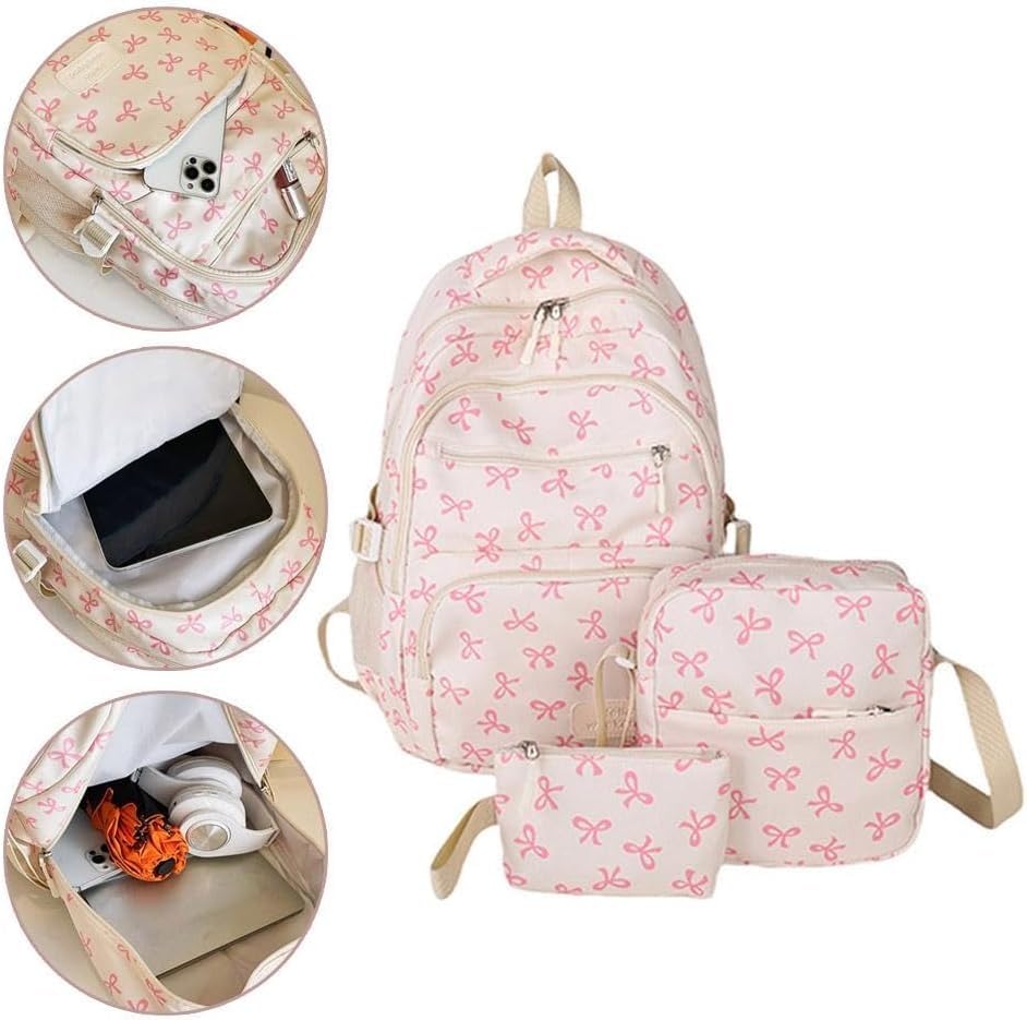 Coquette Bow Backpack, Kawaii Aesthetic Daypack Rucksack Set3
