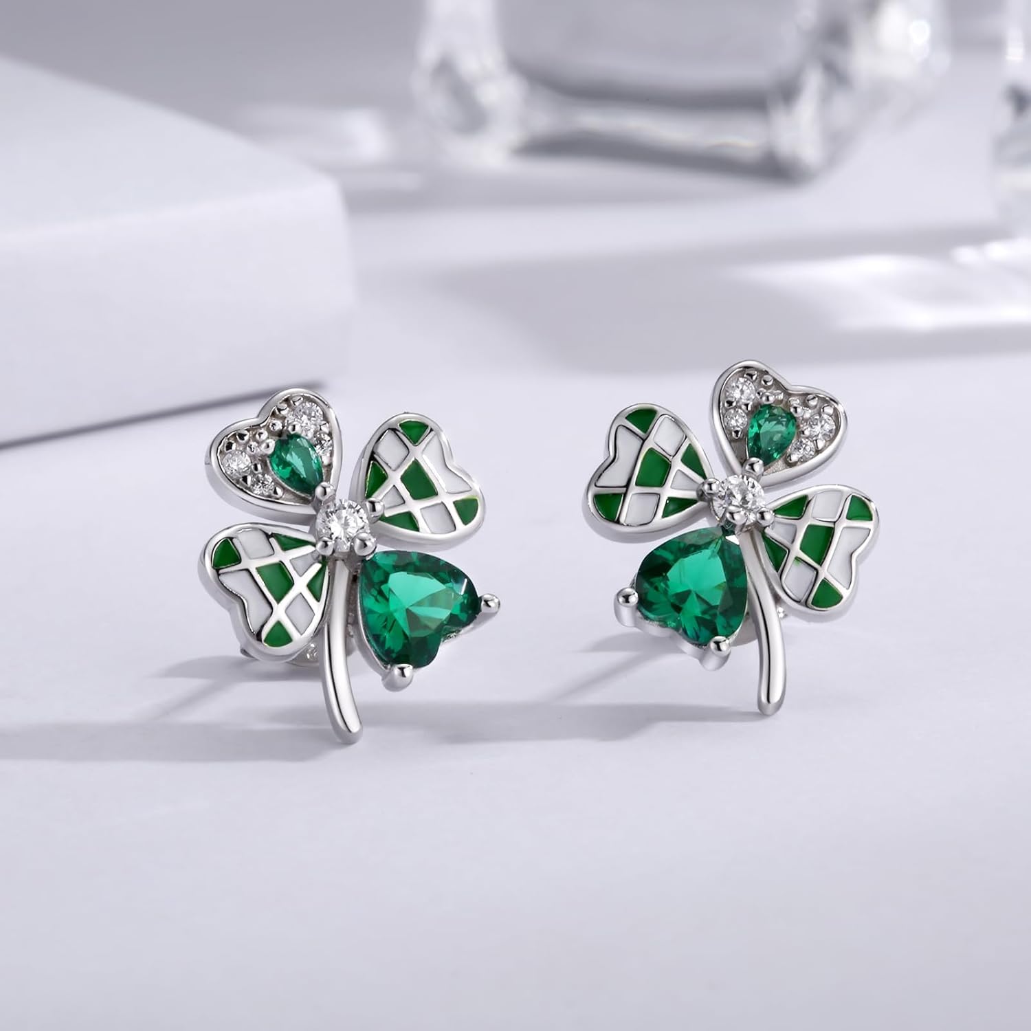Sterling Silver Four Leaf Clover Earrings Irish Green Shamrock Heart Piercing Stud St Patricks Day Jewelry Gift for Women