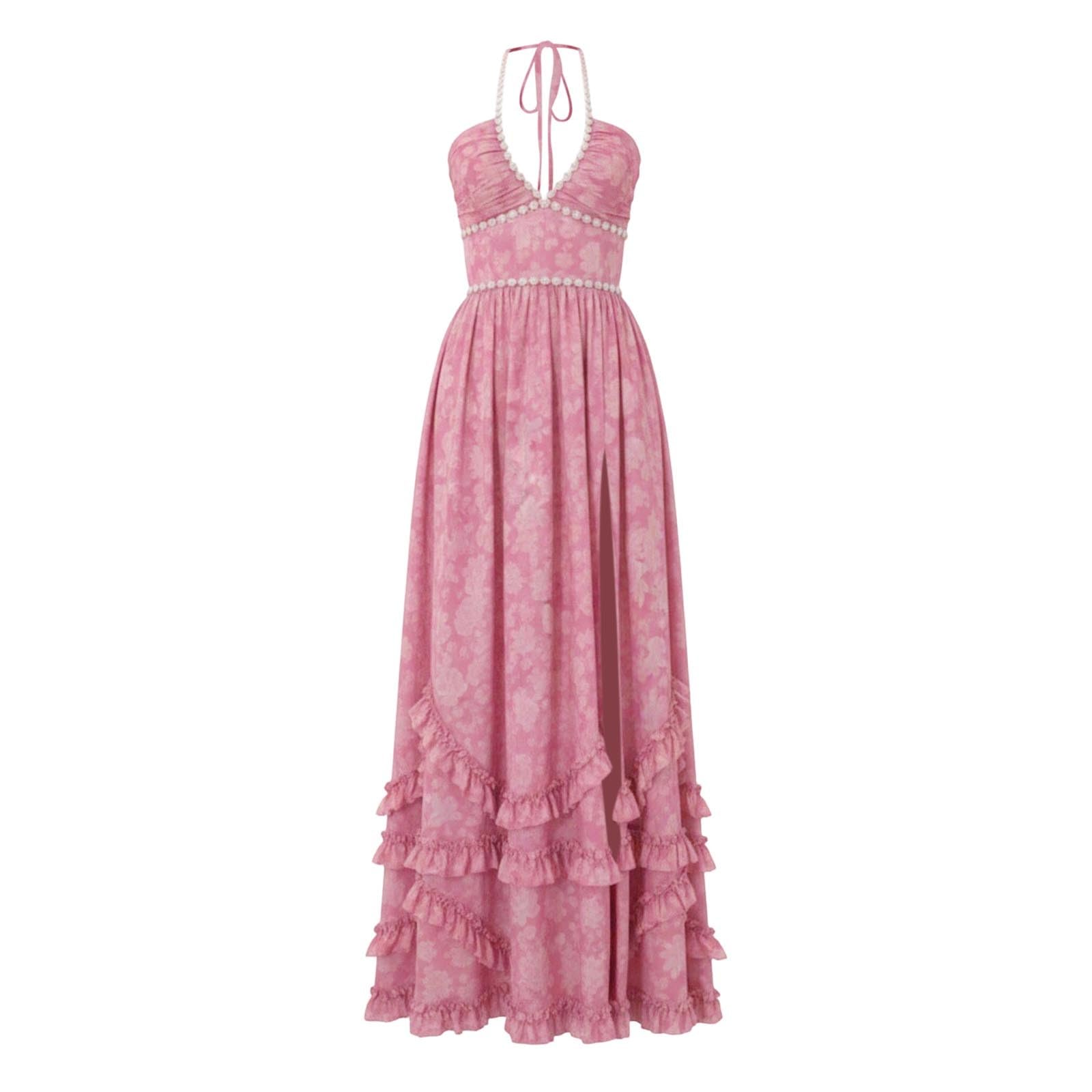 Abito floreale da donna con scollo all'americana e spacco alto, sexy, elegante, in chiffon, per matrimoni, balli, feste, estate, occasioni festive