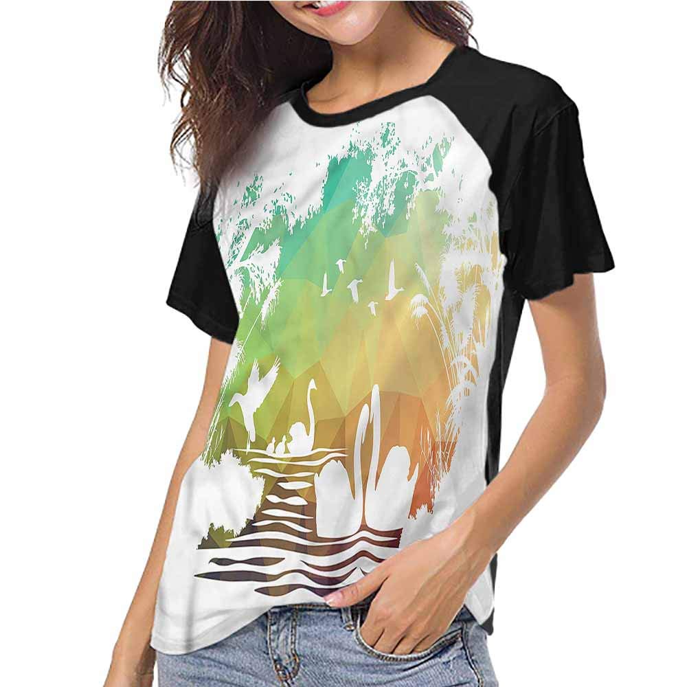 Printed Short Sleeves,Swan,Swan in Hazy River Art,Baseball T-Shirt Tee Tops