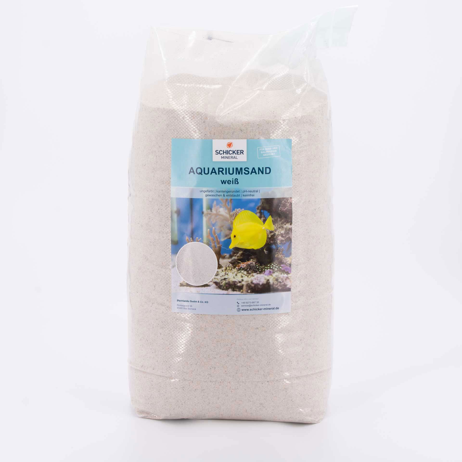 Schicker Mineral arena blanca para acuario 25kg, granulometría 0,4–0,8mm, pH neutro y sin colorantes, bordes redondeados, lavada y tratada a alta temperatura, apta agua dulce y salada, origen Alemania