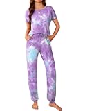 Womens Pajama Sets Short Sleeve Lounge Sets for Women Printed Jogger Pajama Set 2 Piece Pj Sets With Pockets S-XXL