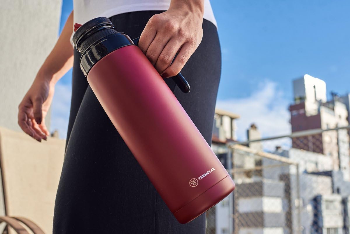 TERMOLAR - Termo R-EVOLUTION 1L con Pico Cebador para Mate y Asa | Termo Acero Inoxidable 304 | Retención Térmica 20H Calor / 36H Frío | Botella Aislante de Viaje Premium para Café o Té (Rosa)