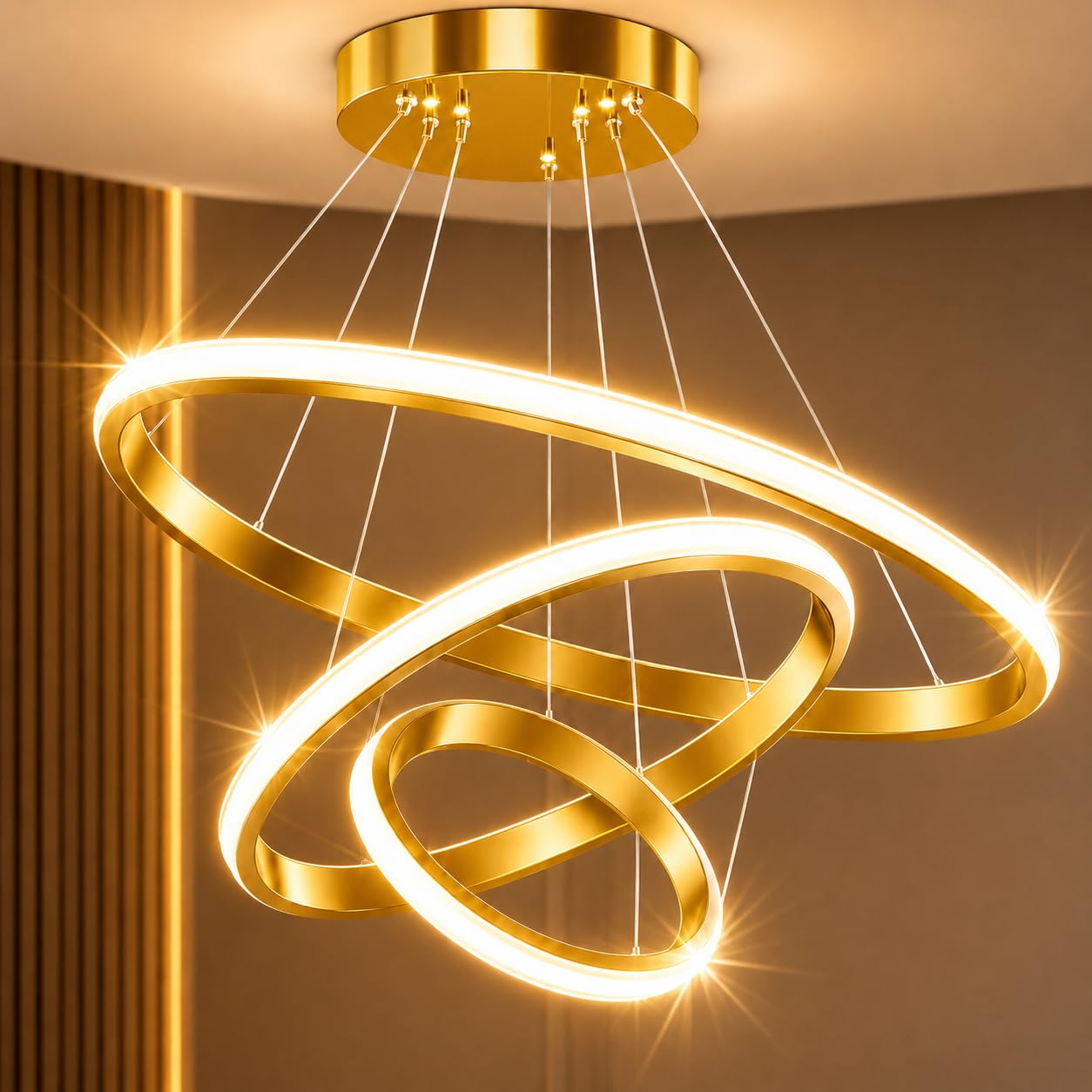 modern led ring pendant chandelier for living room, luxury gold ceiling hanging light with 3 color modes, adjustable suspension fixture for dining area, bedroom, kitchen island, hotel & café decor