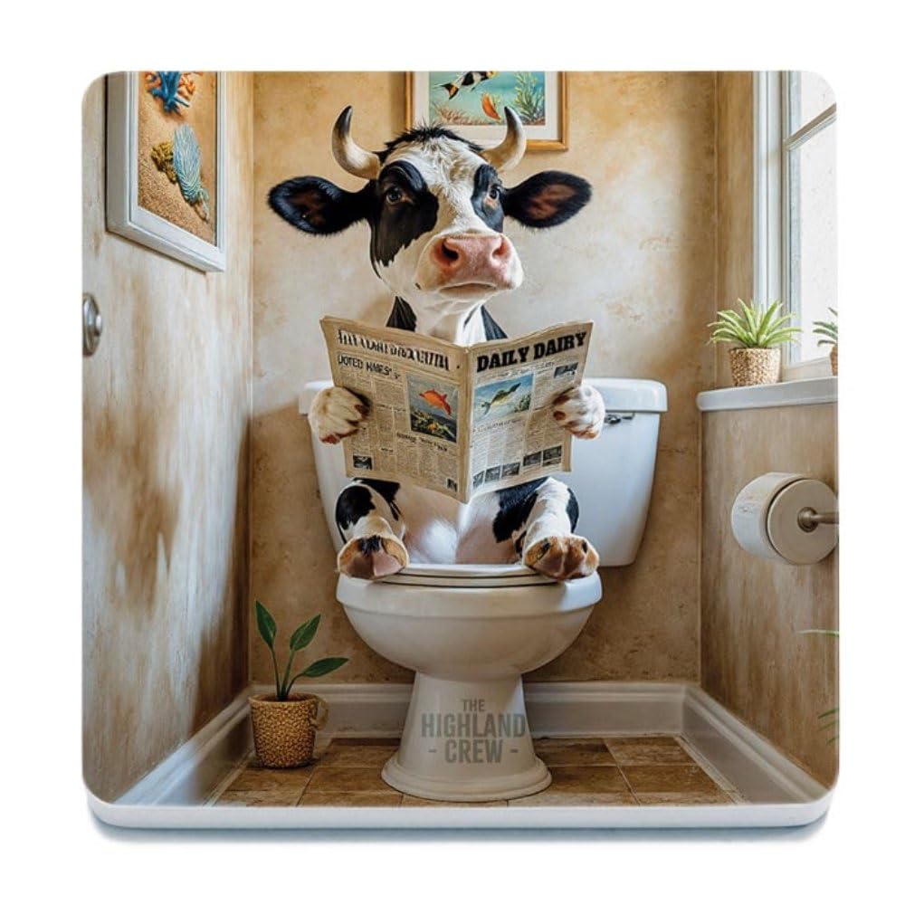 Decorative Coaster (10 x 10 cm) - Highland Crew (Dairy Cow on Toilet - Stone)