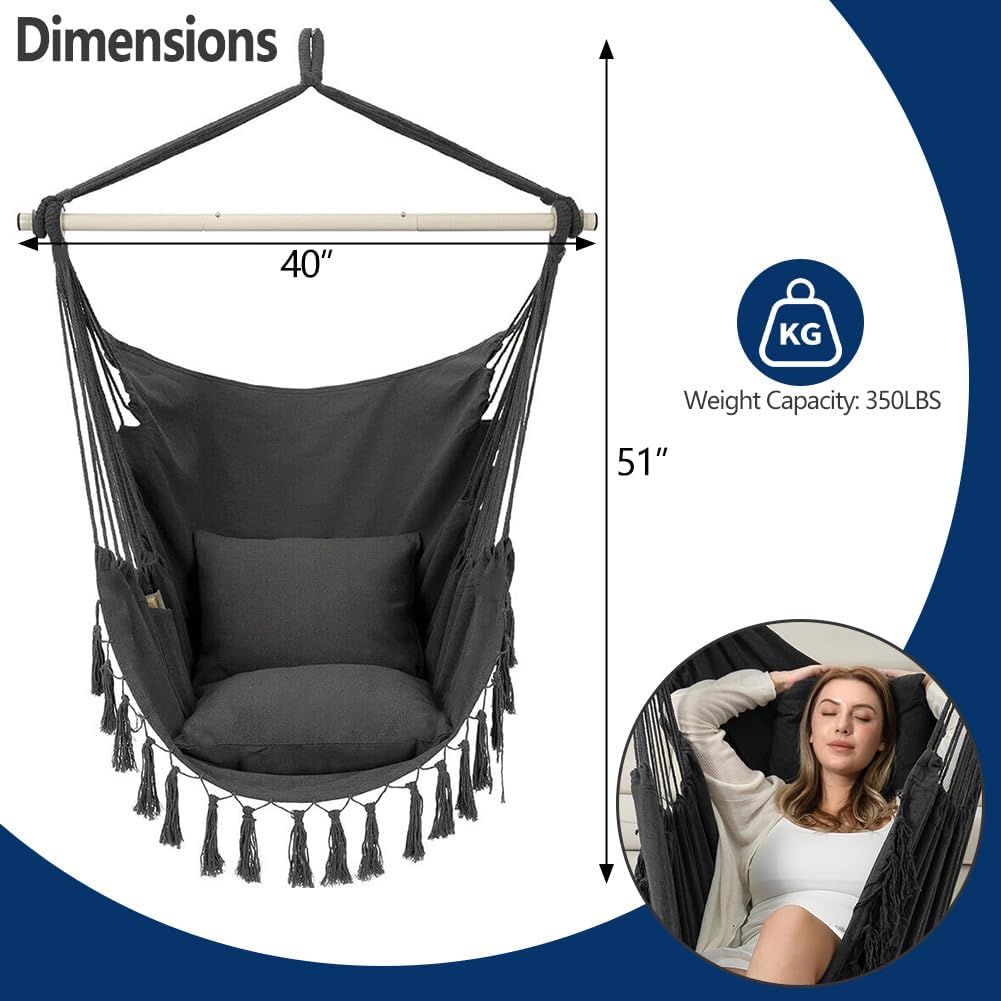 Hammock Chair,Hanging Swing Rope Swing Seat,Max 300 Lbs Side Pocket Tassel Sloft Bed Accessories,Suitable for Indoor and Outdoor Patios Yard (Dark Gray)