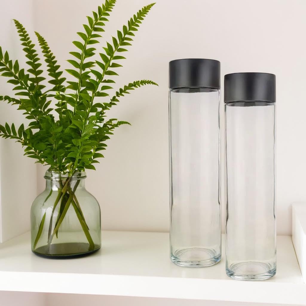 Lot de 6 bouteilles en verre modèle cylindre, 1 litre, bouchon à vis couleur argent | bouteille verre eau boissons jus
