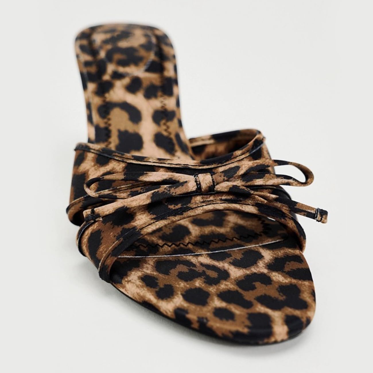 MRKEWUNEY Womens Kitten Heels Bow Mesh Sandals Round Open Toe Slip On Low Slide Heeled Sandals for Daily Party Wedding Dress Shoes Leopard Size 38 - Image 5