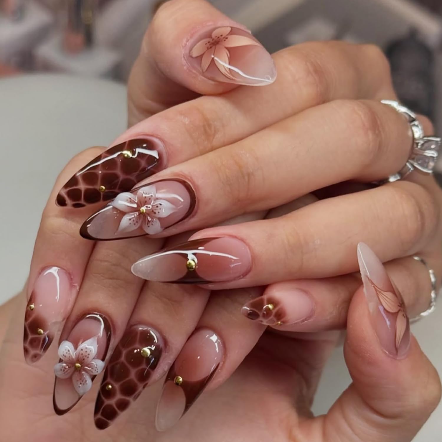 Flower Press on Nails Medium Almond Fake Nails Marble Cracks Artificial False Nails Gold Rhinestones Design Acrylic Nails Brown Glue on Nails Reusable