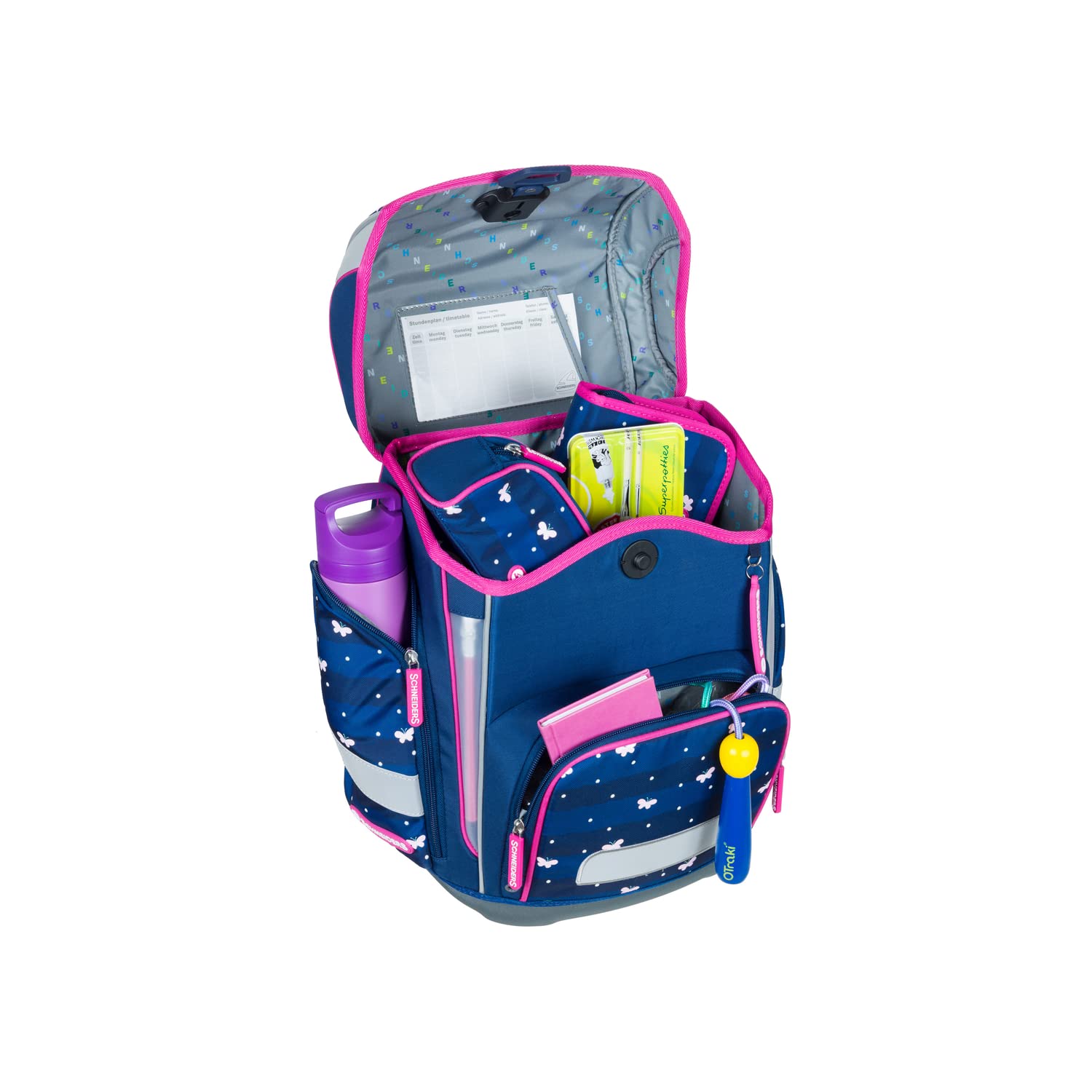 Schneiders 78393-072 - Schulranzen Ergolite Lucky Girl, 9-teiliges Set mit Schultasche, Federmäppchen, Schlamper, Sportbeutel, 3 Klett-Motiven und 2 Leuchtstäben