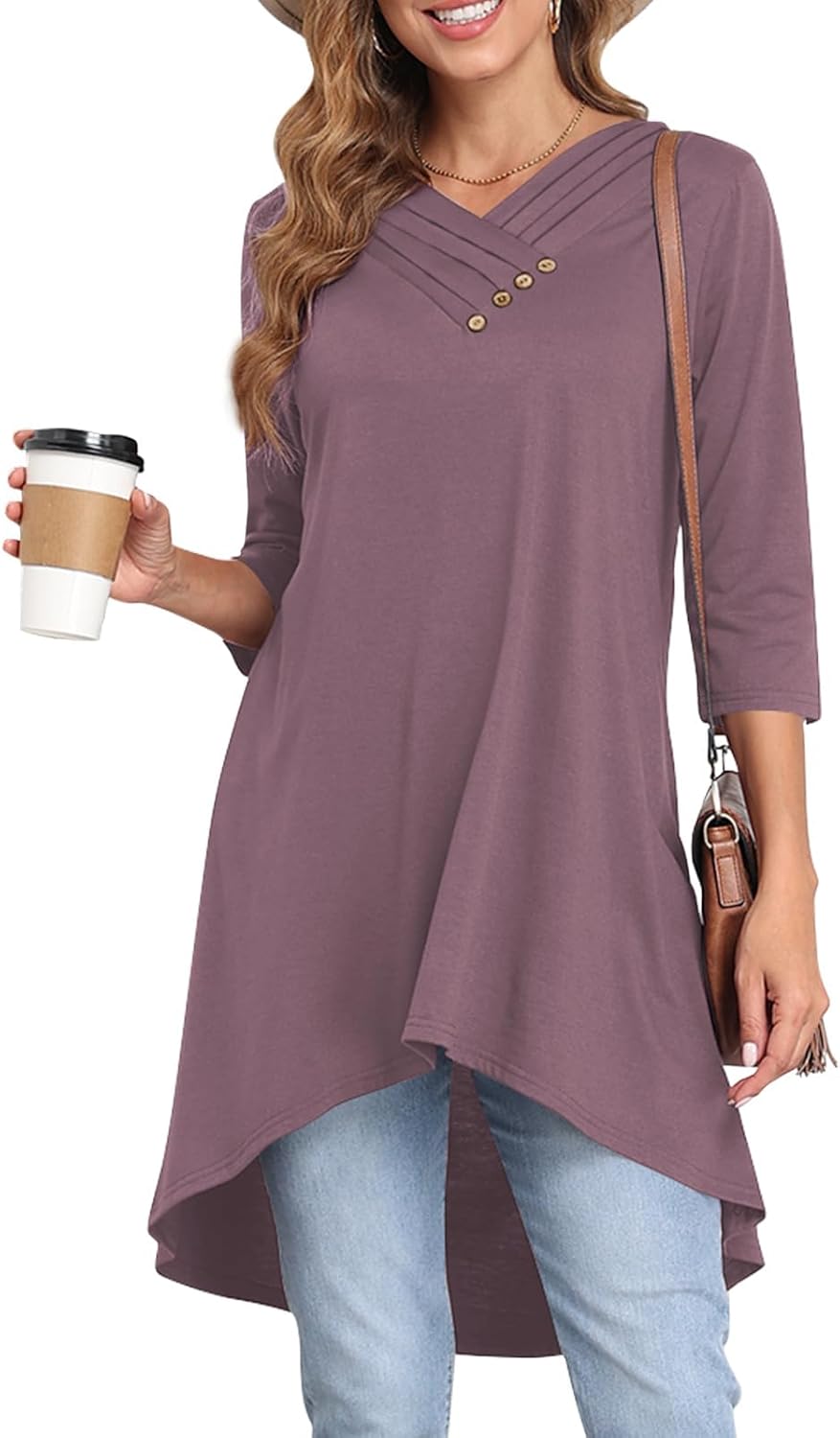 Naggoo Womens Long Shirts for Leggings 3/4 Sleeve Tunic Tops Loose Fit Dressy Casual V Neck High Low Tops Button Decor
