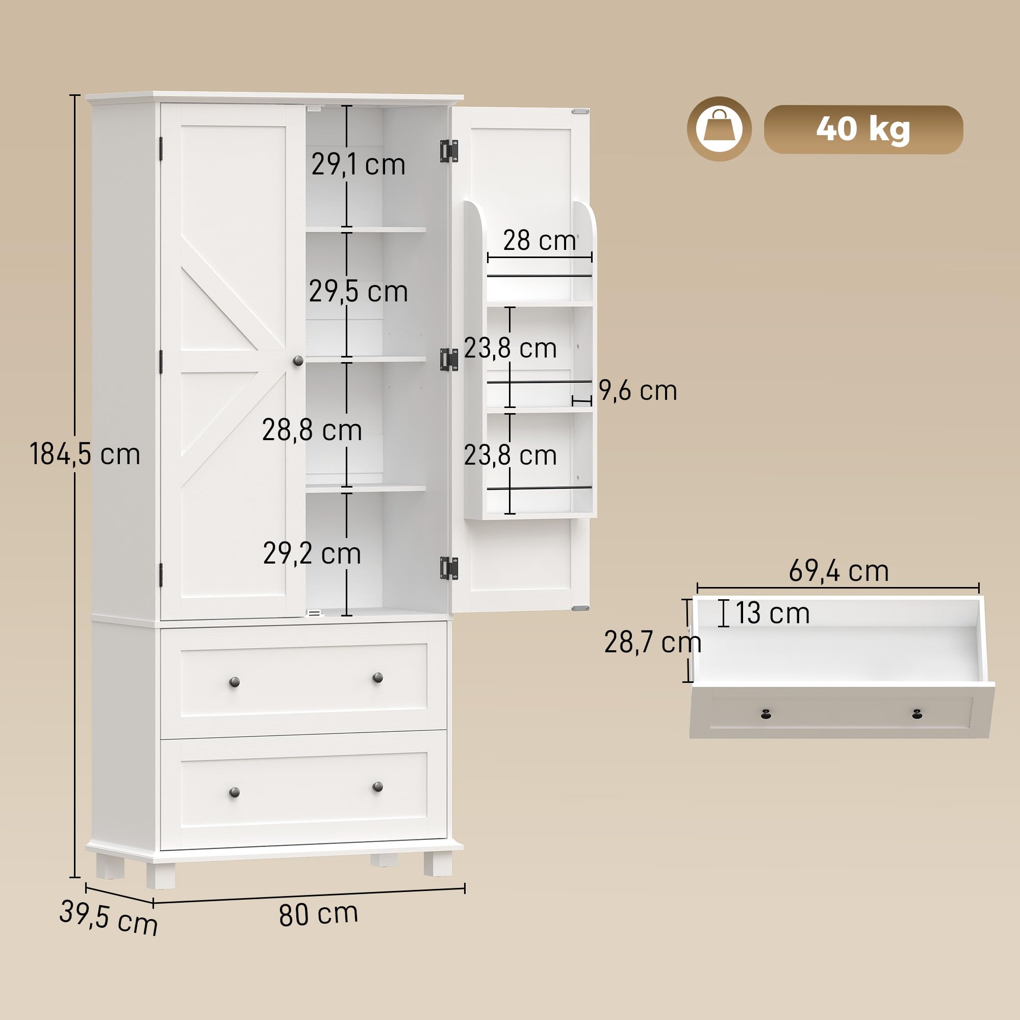 HOMCOM Buffet Haut Cuisine Armoire de Cuisine 80x39,5x184,5cm Blanc