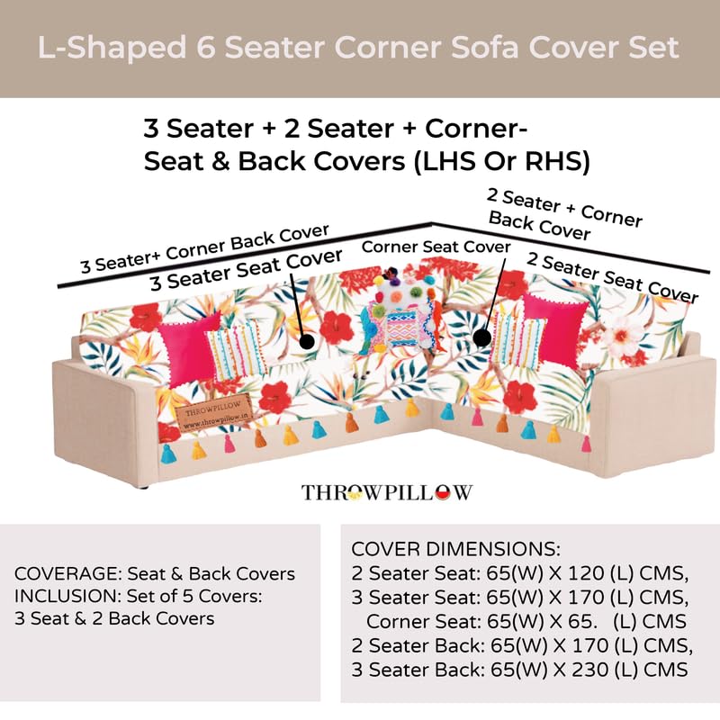 Image of Neutral Tropical Floral Sofa Cover Tassels:Corner Sofa Protector: Thick Fabric, Slip-Resistant: Fits 3+2 Seater+Corner Sofa, Coverage: Seat & Front Back -Set of 2 Seat Covers & 2 Back Covers