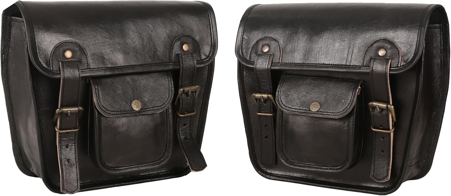 american blue Set di 2 borse da moto in vera pelle, borsa da sella, borsa da bicicletta, borsa a forchetta vintage, per gli amanti della bicicletta (nero)