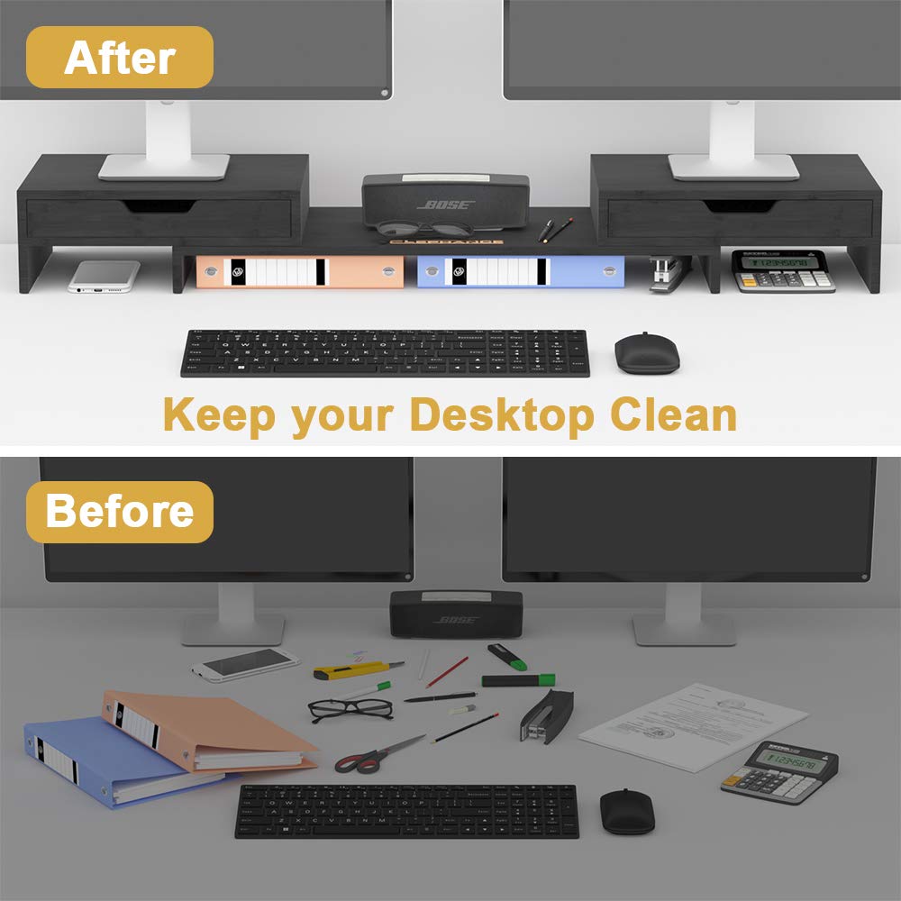 Elephance Dual Monitor Stand Riser with Adjustable Length and Angle, Bamboo Computer Riser with 2 Extra Drawers, Desk Organizer for Laptop, Computer