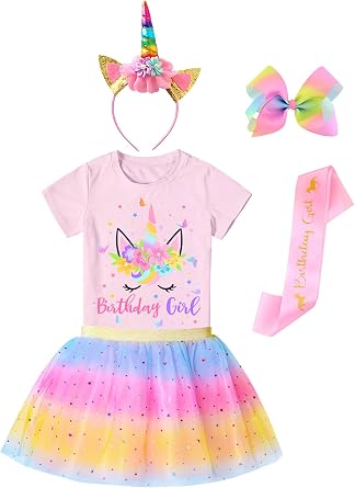 Doctor Unicorn Girls Birthday Costume Outfit Set Pink Yellow Blue Tutu, Unicorn Shirt, Headband, Hair Bow & Birthday Sash