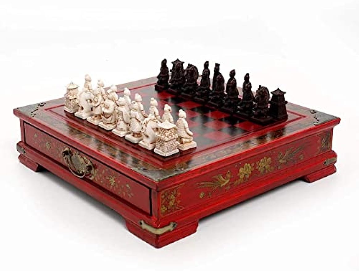 RAHBI Ensembles d'échiquiers, Personnages 3D en Terre Cuite Antique Jeu d'échecs en Bois pour Adultes, Jeu de Puzzle Nouveauté avec Design de Rangement à Tiroir