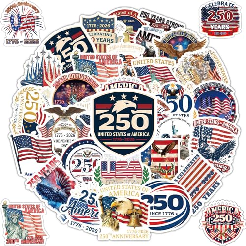 250th Independence Anniversary Stickers 50PCS Patriotic America 250 Waterproof Vinyl Decals American Flag Stickers for Water Bottles Laptops Phone 4th of July Decorations (Individual Stickers Set)