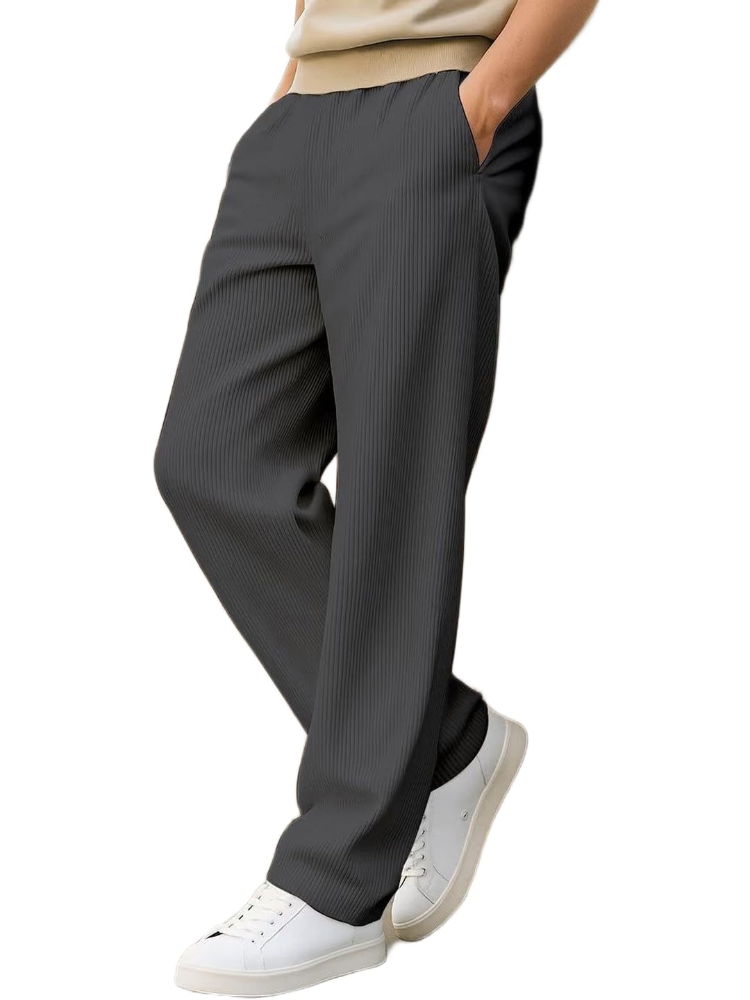 jogal Men's Dark Gray Cotton Relaxed Fit Wide Leg Trouser with Pockets, Size 32 |STYL 255-picture-43